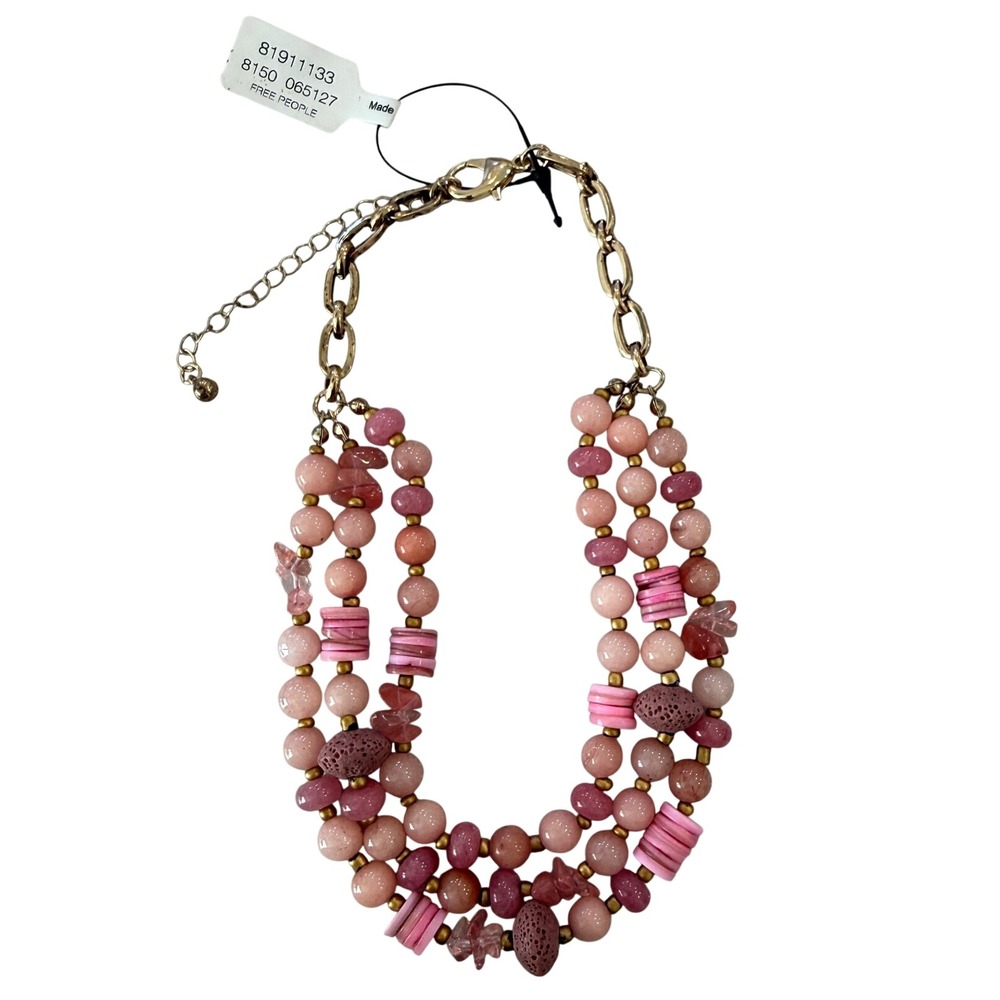 Free People Pink Multi Strand Beaded Statement Necklace Gold Tone NWT